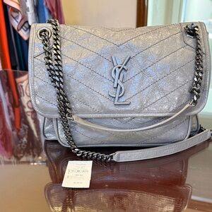 Saint Laurent Grey Chevron-Quilted Leather Shoulder Bag with Chain Strap